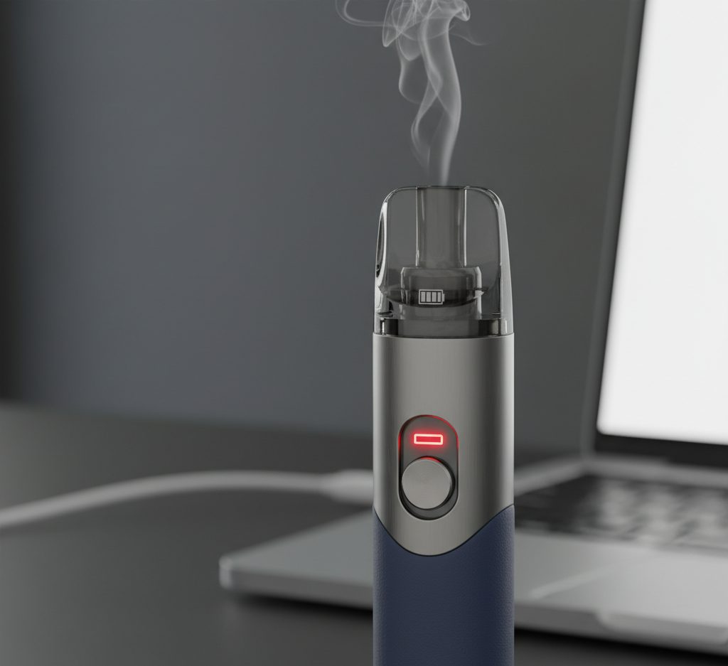 Image of a disposable vape with a button and a flashing indicator light to indicate battery status
