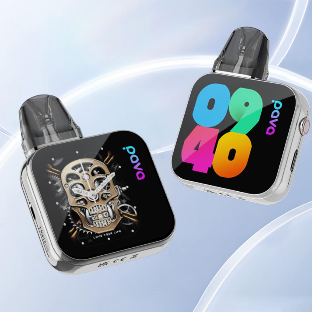 These are AI-powered disposable vapes featuring smart touchscreens with customizable interfaces, such as a mechanical skull clock face and vibrant digital displays, showcasing how artificial intelligence enhances the personalization and functionality of disposable vapes.