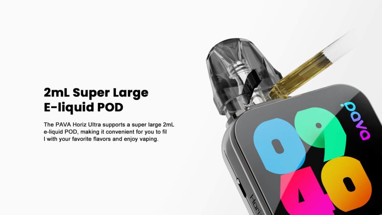 This image presents the PAVA Horiz Ultra, an AI-integrated disposable vape, highlighted by its 2mL super large e-liquid pod for easy refilling with preferred flavors. Complemented by a vivid smart display, it illustrates how such capacity and intelligent design elevate the usability of disposable vapes.