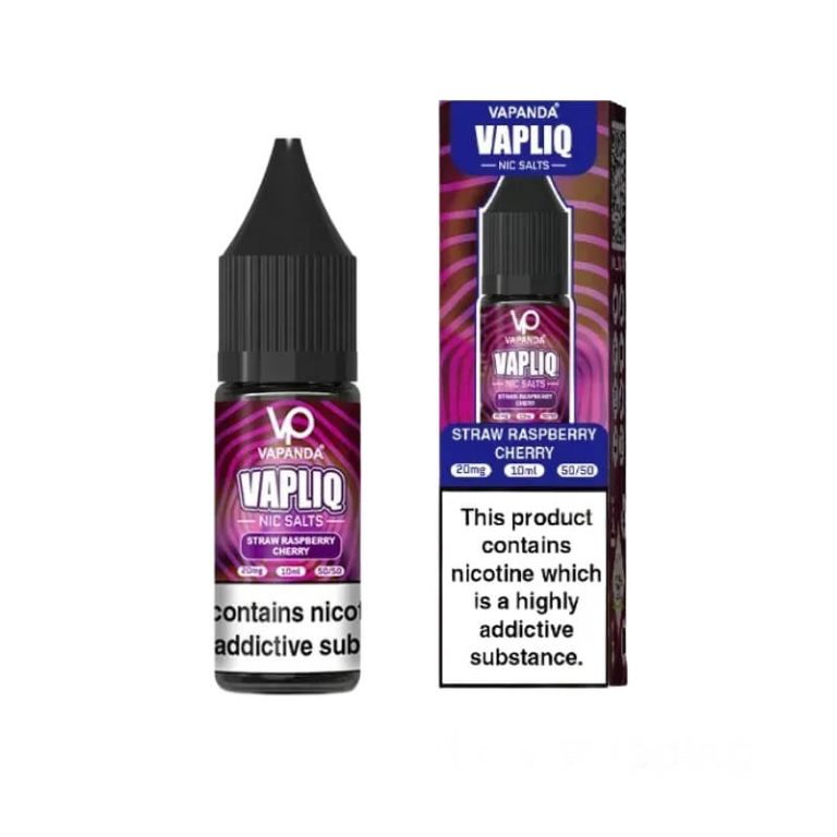 An image shows a bottle of Vapanda Vapliq Nic Salts vape juice in the flavor Straw Raspberry Cherry (20mg, 10ml, 50/50) with its packaging box. The packaging warns that the product contains nicotine, a highly addictive substance.