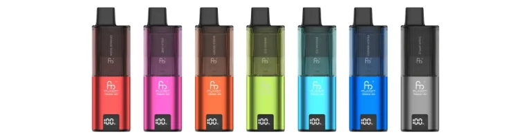 Seven colorful rechargeable vapes are displayed in a row, featuring transparent pods and vibrant body colors (red, pink, orange, green, teal, blue, gray). Each device has a digital display showing battery status, highlighting the sleek design and variety of options for vape users.
