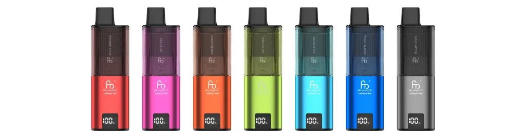 Seven colorful rechargeable vapes are displayed in a row, featuring transparent pods and vibrant body colors (red, pink, orange, green, teal, blue, gray). Each device has a digital display showing battery status, highlighting the sleek design and variety of options for vape users.