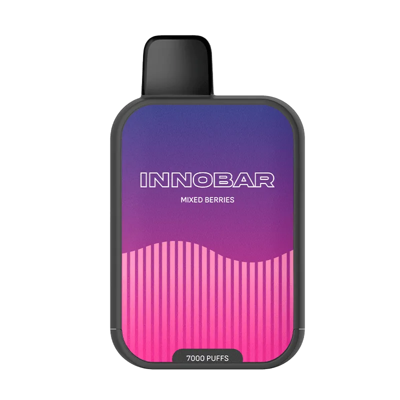 An Innobar disposable vape device with a gradient purple to pink design. It’s labeled “MIXED BERRIES” and “7000 PUFFS”, featuring a sleek, compact shape with a black mouthpiece.