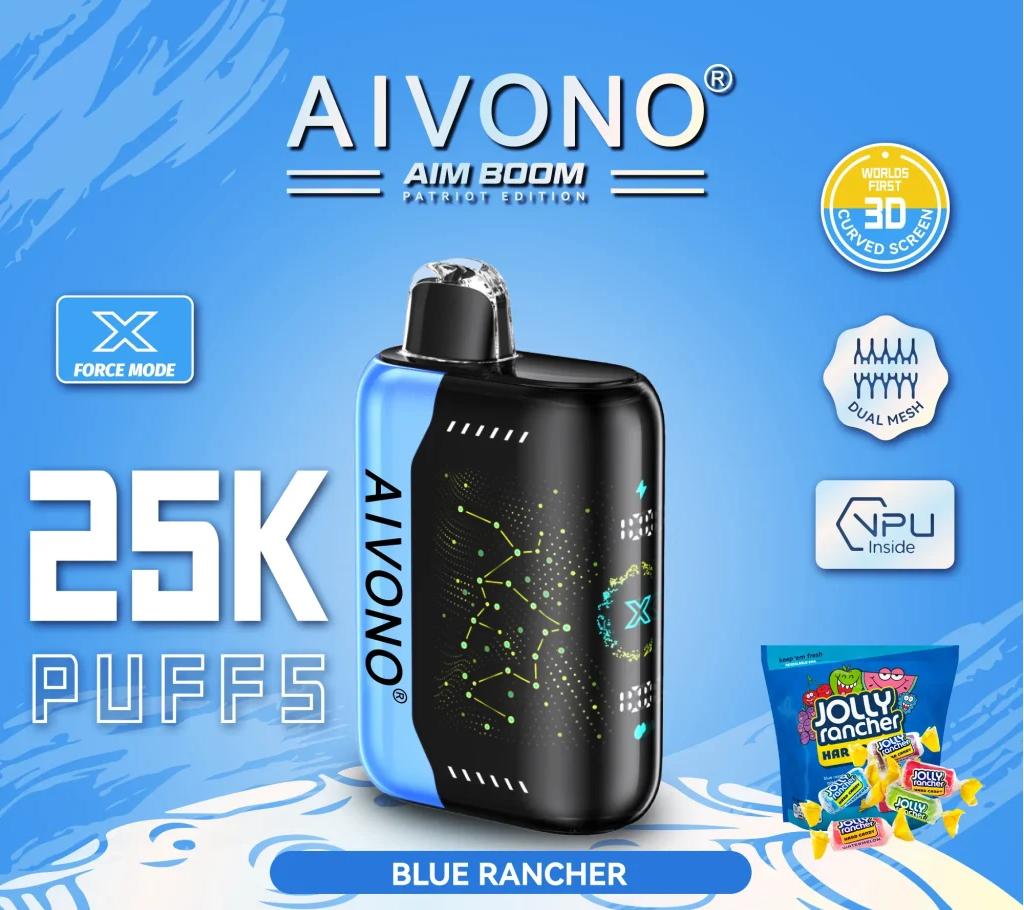 A promotional image for the AIVONO AIM BOOM Patriot Edition disposable vape in Blue Rancher flavor. The device has a sleek black and blue design with a constellation - like pattern, offering 25K puffs. It highlights features such as “X Force Mode”, “World’s First 3D Curved Screen”, “Dual Mesh”, and “NPU Inside”. A bag of Jolly Rancher candies is also shown, emphasizing the candy - inspired flavor.