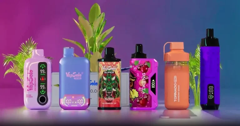 Multiple e - cigarettes in colors like pink, blue, orange, and purple, with diverse shapes and some having digital displays, are shown against a backdrop with green plants.
