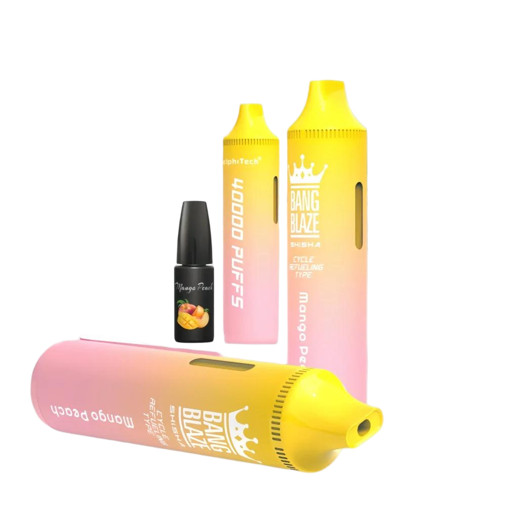  Bang Blaze disposable vape with a yellow-pink gradient, in Mango Peach flavor, offering 40,000 puffs. It’s ready to use and ideal for those who prefer hassle-free fruity flavors.