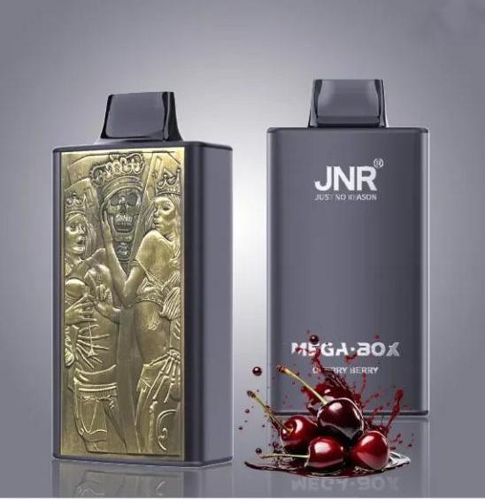  JNR Mega Box vape, with embossed and solid black designs, comes in Cherry Berry flavor and delivers stable performance.