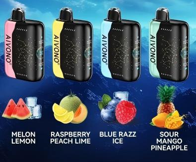 Four AIVONO dual-flavor vape devices in pink, yellow, blue, and mint green, featuring starry sky patterns. They come in flavors: Melon Lemon, Raspberry Peach Lime, Blue Razz Ice, and Sour Mango Pineapple, with a cool blue-themed background and corresponding fruit illustrations.