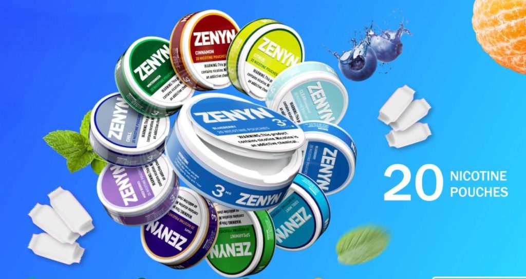Assorted tins of ZENYN nicotine pouches in various flavors (including Cinnamon, Citrus, Blueberry, etc.), accompanied by visual elements like mint leaves, blueberries, and citrus. Each tin contains 20 pouches, serving as a discreet, tobacco-free nicotine alternative ideal for smoke-free environments or smoking cessation, with diverse flavor options to meet individual preferences.