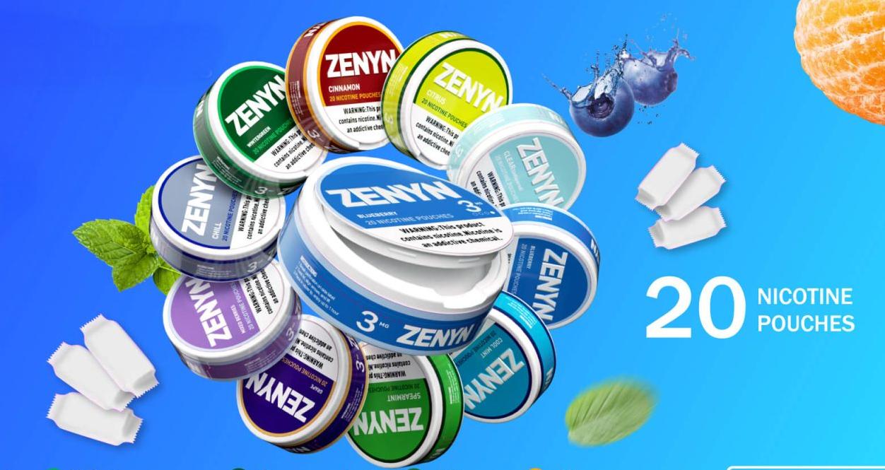 Assorted tins of ZENYN nicotine pouches in various flavors (including Cinnamon, Citrus, Blueberry, etc.), accompanied by visual elements like mint leaves, blueberries, and citrus. Each tin contains 20 pouches, serving as a discreet, tobacco-free nicotine alternative ideal for smoke-free environments or smoking cessation, with diverse flavor options to meet individual preferences.