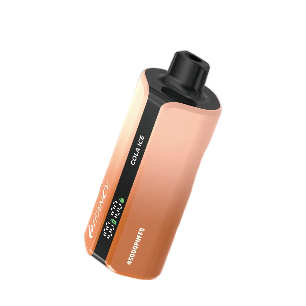 FANCY dual-flavor vape, Cola Ice flavor. In a rose gold and black color scheme, it supports 43,000 puffs and is equipped with a digital display to check battery level and puff count.
