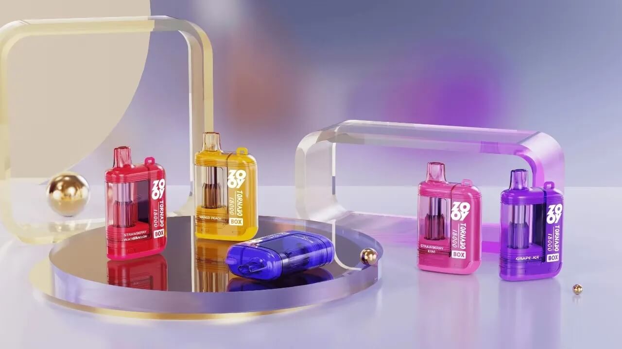 A range of Zooy Tornado BOX vapes in vibrant colors (red, yellow, blue, pink, purple) with transparent, portable designs, showcasing their women-friendly, colorful appeal.