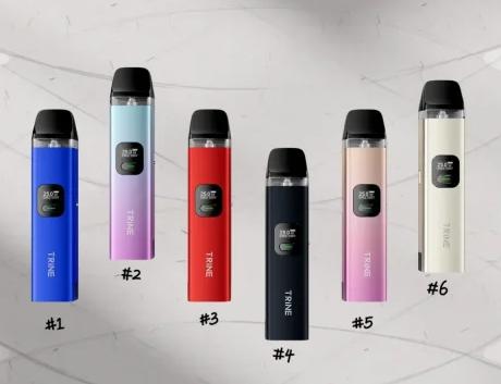 Six brand pod systems (small vape devices) in colors like blue, gradient blue-purple, red, black, pink, and off-white, each with brand logos and displays, placed against a light gray textured background.
