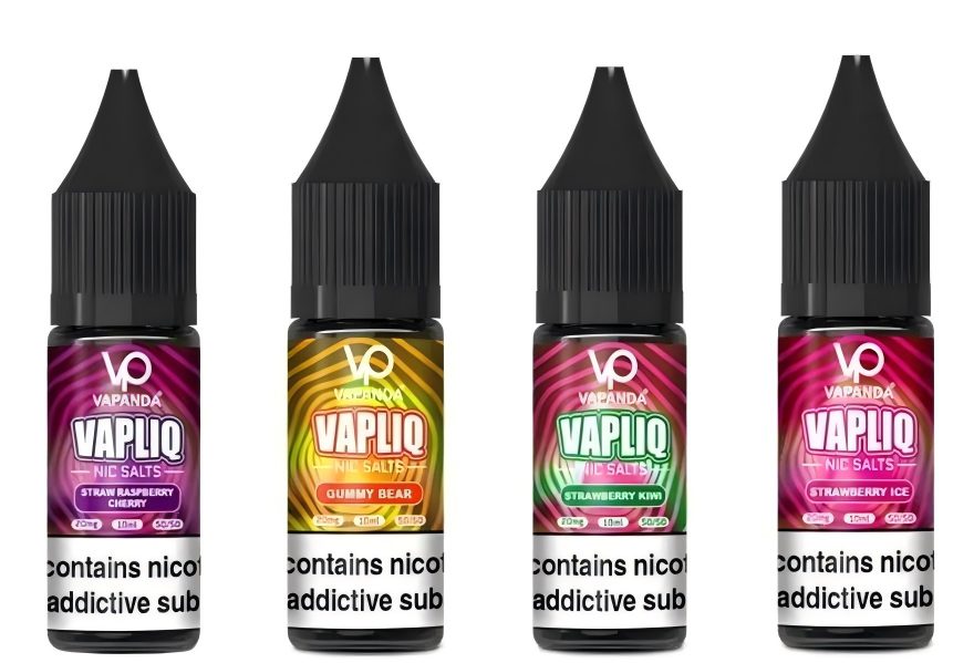 Four bottles of VAPLIQ Nic Salts e-liquids, with flavors including Straw Raspberry Cherry, Gummy Bear, Strawberry Kiwi, and Strawberry Ice, feature colorful bottle designs and black caps, and indicate they contain nicotine, an addictive substance.