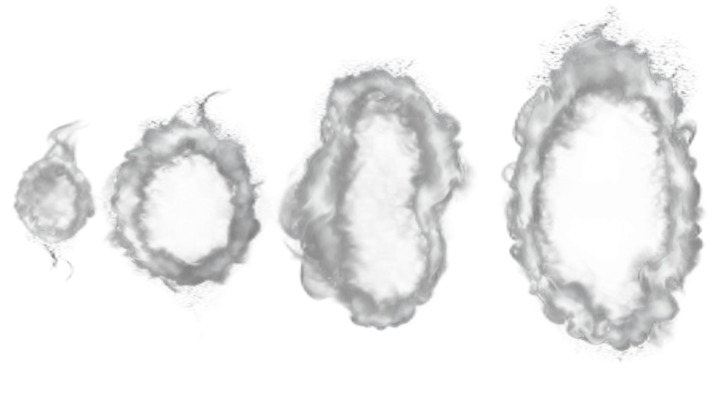 Vape cloud chasing visuals: 4 gray-white vapor shapes (small puffs to rings/clouds), showing cloud chasing effects.