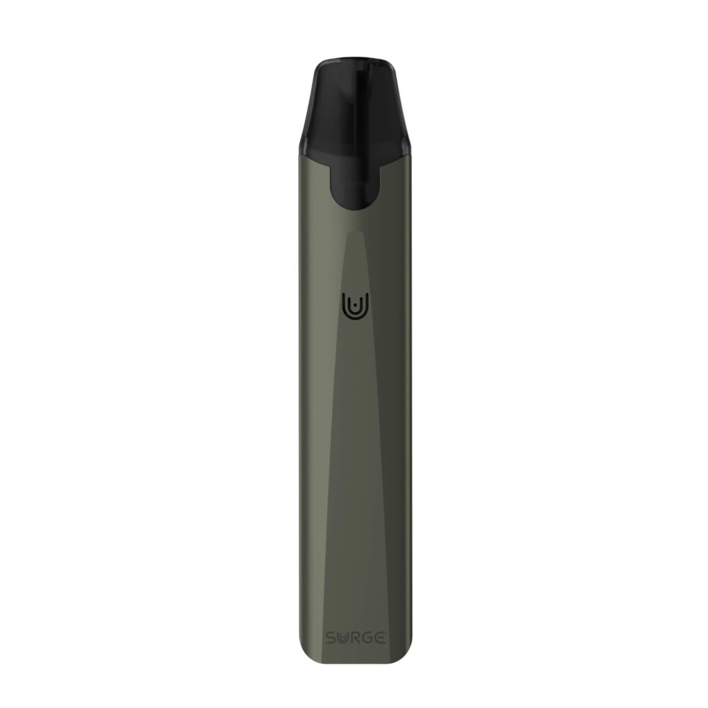 A sleek black SURGE vape device with a black mouthpiece, an all-in-one electronic cigarette designed for user-friendly operation. It’s suitable for beginners or those looking for a tobacco alternative, delivering nicotine through aerosol to mimic the inhaling sensation of smoking, ideal for harm reduction or smoking cessation efforts.