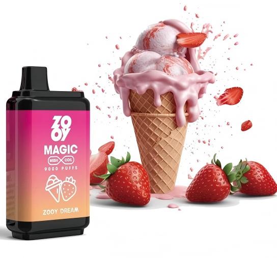 ZOOY MAGIC dual-flavor vape, Strawberry Ice Cream flavor. With a pink-orange gradient appearance, it’s paired with a strawberry ice cream cone drizzled with sauce and fresh strawberries, full of dessert-inspired vibes.
