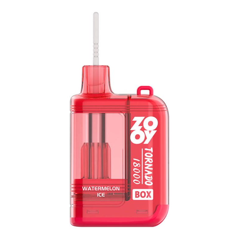  ZOOY TORNADO BOX dual-flavor vape, Watermelon Ice flavor. It has a transparent red design, supports 18,000 puffs, and comes with a hanging loop for enhanced portability.