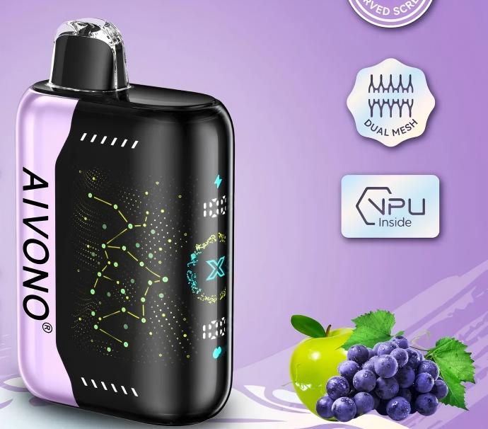 AIVONO dual-flavor vape device, Green Apple Grape flavor. It features Dual Mesh technology and an NPU chip, with a constellation pattern on the body, boasting a stylish design.