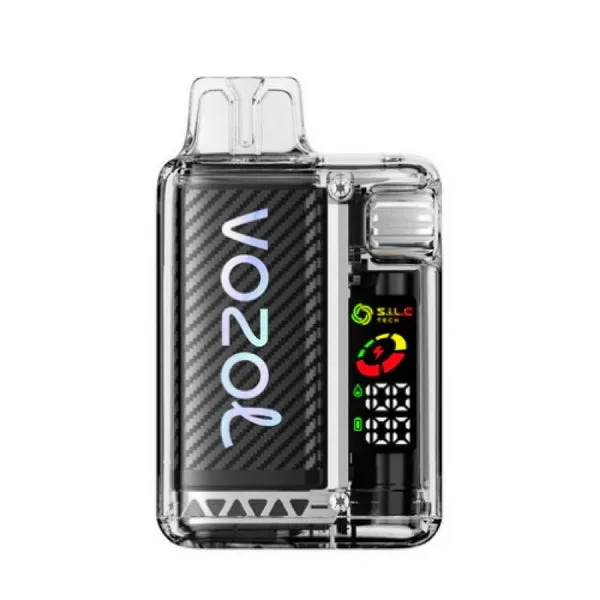 VOZOL dual-flavor vape device. With a transparent shell and carbon fiber texture, it has a digital display showing technical info like battery level, featuring a highly technological design.

