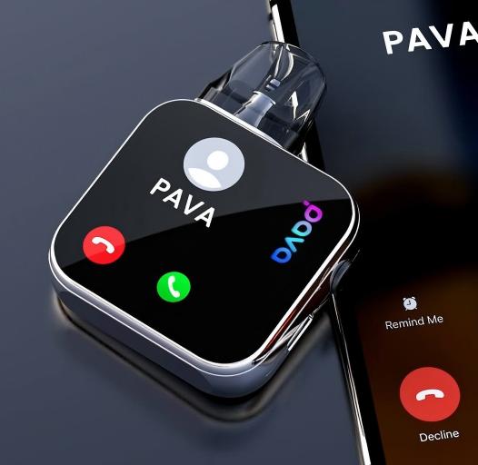 PAVA Horiz Ultra (a core device for vape customization) – square smart vape with a touchscreen displaying a call interface (PAVA label, red/green call buttons), paired with a partial smartphone call screen, showcasing its integrated smart features for personalized vaping.