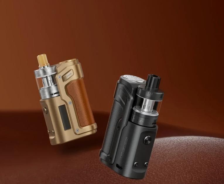 Two pod vapes (gold-leather, matte black) on a warm brown background—key examples for choosing the best pod vape, featuring compact builds and clear tanks.