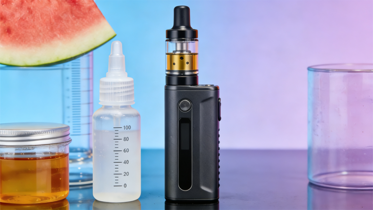 Tools for vape customization: A black vape device, graduated e-liquid dropper bottle, liquid jar, and measuring cylinder (paired with a watermelon slice) arranged on a sleek surface, set against a blue-purple gradient background.