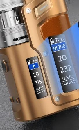 Gold pod vape’s digital display (showing 68% battery, power level 20, and settings) plus control icons—key detail for choosing the best pod vape.