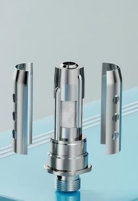 Disassembled vape coil: metallic atomizer core and outer shells, sleek design