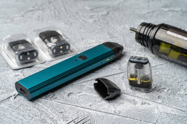 Vape pod system and replacement cartridges filled with e-juice or liquid with salt nicotine